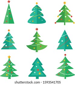 Christmas tree vector icons set, flat style. 