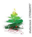 Christmas tree Vector illustration, brush strokes of spruce paint, Christmas tree painted with a brush decorated with a star on top and beads on a white isolated backgroun.eps10