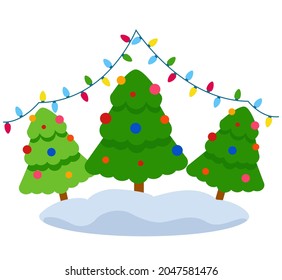 Christmas tree vector illustration. Card with green spruse and decorated christmas tree in a snow, decoration balls and Garland, Merry Christmas and a happy new year greeting card element