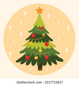 Christmas tree vector illustration with cute decorations in flat design. New year tree with decor for greeting cards, banners, postcard.