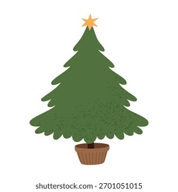 Weihnachtsbaum, Vektorgrafik. Süß dekorierter Tannenbaum mit Stern oben. Einzeln auf weißem Hintergrund.