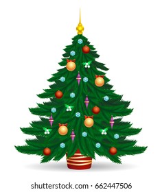 Christmas tree vector illustration. Decorated colorful traditional xmas trees symbol with bright lights and balls isolated on white background