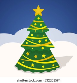 Christmas tree vector illustration with decoration garland. New Year tree.