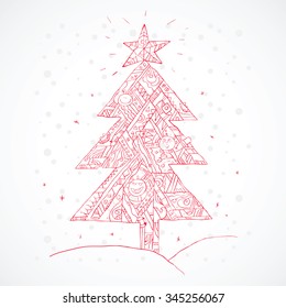 Christmas tree. Vector illustration drawn by hand on a snowy background.