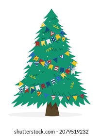 Christmas tree vector illustration. Festive fir tree decorated with paper garlands and flags. Subject illustration for web design and print. New Year's and Christmas