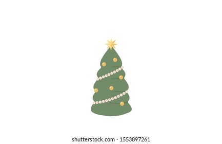 Christmas tree vector illustration. Flat minimalistic image of xmas tree with garland, nordic Scandinavian star lantern and toys isolated on white. Holiday season concept.