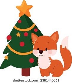 Christmas tree. Christmas tree vector illustration. Christmas tree with fox. set new Year gifts. children's cartoon illustration for christmas. poster