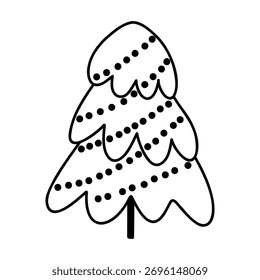 Christmas tree vector illustration, hand drawn pine tree doodle. Christmas and New Year symbol. Unique silhouette icon for festive winter designs and decorations.