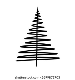 Christmas tree vector illustration, hand drawn pine tree doodle. Christmas and New Year symbol. Unique silhouette icon for festive winter designs and decorations.