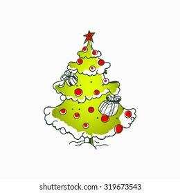 Christmas tree vector illustration. Hand drawing fun Xmas card.
