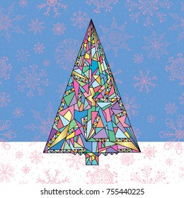Christmas tree vector illustration. Hand drawn Happy New Year background. Winter holidays greeting card.
