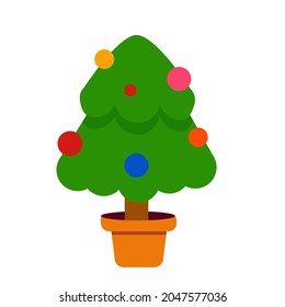 Christmas tree vector illustration. Icon set with green spruse and decorated christmas tree in a pot with star, decoration balls and bows, Merry Christmas and a happy new year greeting card element