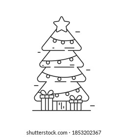 Christmas tree vector illustration in line art style isolated on white background. Line style Christmas tree icon 