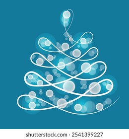 Árvore de Natal. Ilustração vetorial feita em estilo de linha fina minimalista, decorada com efeito bokeh sobre fundo azul.