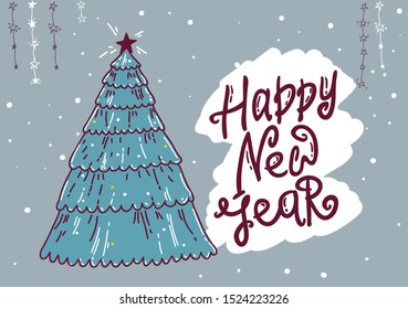 Christmas tree a vector illustration, a minimalistic New Year Card made of hand draw, craft and linoprint elements, isolated on pink background lettering. Hand drawing