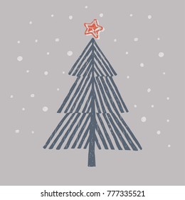 Christmas tree a vector illustration, a minimalistic New Year Card made of hand drawn elements, isolated on grey background
