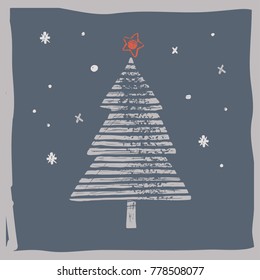 Christmas tree a vector illustration, a minimalistic New Year Card made of hand draw, craft and linoprint elements, isolated on grey background