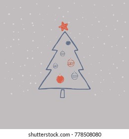 Christmas tree a vector illustration, a minimalistic New Year Card made of hand draw, craft and linoprint elements, isolated on grey background