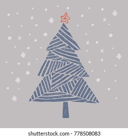 Christmas tree vector illustration  minimalistic New Year Card made hand draw  craft   linoprint elements  isolated grey background