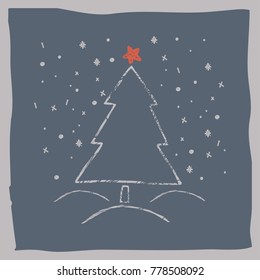 Christmas tree a vector illustration, a minimalistic New Year Card made of hand draw, craft and linoprint elements, isolated on grey background
