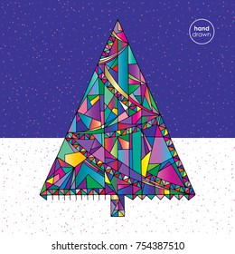 Christmas tree vector illustration in modern style. Hand drawn New Year background. Winter holidays Xmas card.