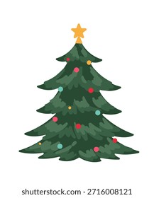 Ilustración vectorial del árbol de Navidad con adornos y estrella sobre fondo verde. Diseño festivo de vacaciones para tarjeta de felicitación, cartel, Anuncio y decoración.
