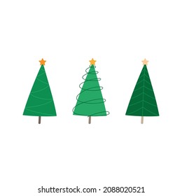 Christmas tree vector illustration set. Three cute simple conifer trees, each different. Hand drawn icons, natural xmas tree wirh star on top in a row. Isolated. 