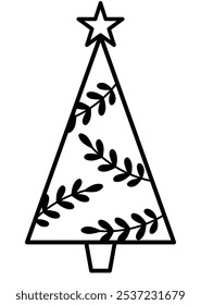 Christmas tree vector illustration with a star on the top. Silhouette of a Christmas tree. 