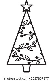 Christmas tree vector illustration with a star on the top. Silhouette of a Christmas tree. 