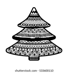 Christmas tree vector illustration. Vintage monochrome background. Winter retro card template.