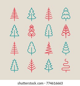 Christmas tree vector line icons. Pine tree, spurse and fir symbols. For holiday and party.