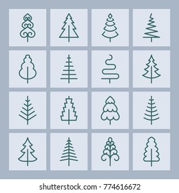 Christmas tree vector line icons. Pine tree, spurse and fir symbols. For holiday and party.