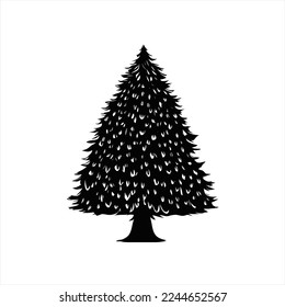 Árbol de Navidad - Ilustración de mascota con logotipo vectorial. Dibujo en blanco y negro de un árbol con hojas en sus ramas y fondo blanco con un contorno negro