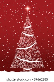 A Christmas tree vector made of snowflakes on a red background with snow.