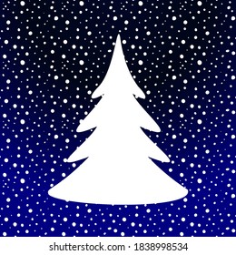 Christmas tree vector on blue vector background with falling snow vector, pine tree vector image, digitally created on a tablet