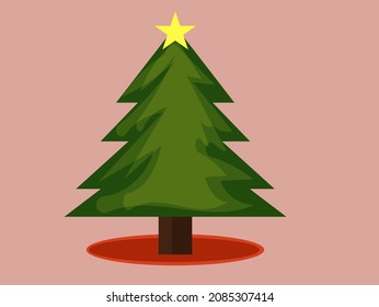 Christmas tree vector on pink background, Christmas pine tree with a star on it.