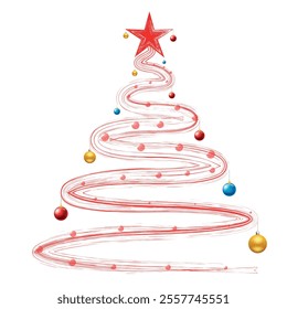 Christmas Tree Vector on white. Red Christmas Tree Painted illustration. Sketch, drawn or painted artistic illustration of a x mas tree. Ribbon Christmas Stylish Tree. Vector can be to any size.