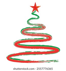 Christmas Tree Vector on white. Red Green Christmas Tree Painted illustration. Sketch, drawn or painted artistic illustration of a x mas tree. Ribbon Christmas Stylish Tree. Vector can be to any size.