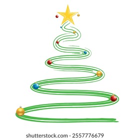 Christmas Tree Vector on white. Green Christmas Tree Painted illustration. Sketch, drawn or painted artistic illustration of a x mas tree. Ribbon Christmas Stylish Tree. Vector can be to any size.