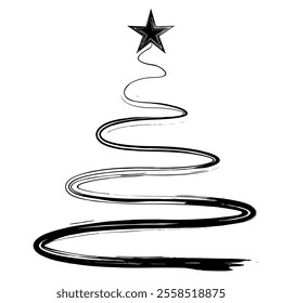 Christmas Tree Vector on white. Black Christmas Tree Painted illustration. Sketch, drawn or painted artistic illustration of a x mas tree. Ribbon Christmas Stylish Tree. Vector can be to any size.