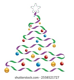 Christmas Tree Vector on white. Ribbon Christmas Tree Painted illustration. Sketch, drawn or painted artistic illustration of a x mas tree. Ribbon Christmas Stylish Tree. Vector can be to any size.