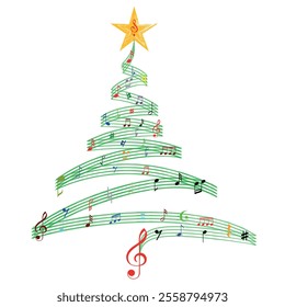 Christmas Tree Vector on white. Green Christmas Tree Painted illustration. Sketch, drawn or painted artistic illustration of a x mas tree. Ribbon Christmas Stylish Tree. Vector can be to any size.