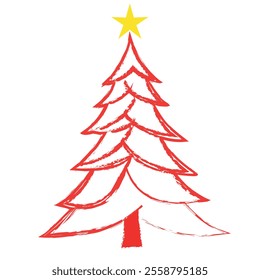 Christmas Tree Vector on white. Red Christmas Tree Painted illustration. Sketch, drawn or painted artistic illustration of a x mas tree. Ribbon Christmas Stylish Tree. Vector can be to any size.