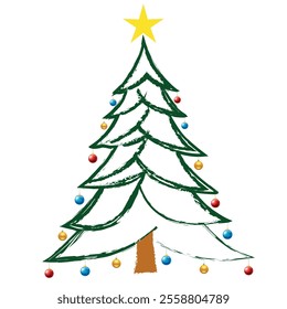 Christmas Tree Vector on white. Green Christmas Tree Painted illustration. Sketch, drawn or painted artistic illustration of a x mas tree. Ribbon Christmas Stylish Tree. Vector can be to any size.