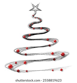 Christmas Tree Vector on white. Black Christmas Tree Painted illustration. Sketch, drawn or painted artistic illustration of a x mas tree. Ribbon Christmas Stylish Tree. Vector can be to any size.