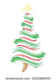 Christmas Tree Vector on white. Red Green Christmas Tree Painted illustration. Sketch, drawn or painted artistic illustration of a x mas tree. Ribbon Christmas Stylish Tree. Vector can be to any size.