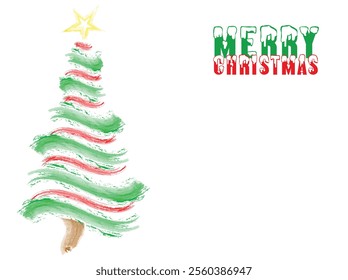 Christmas Tree Vector on white. Red Green Christmas Tree Painted illustration. Sketch, drawn or painted artistic illustration of a x mas tree. Ribbon Christmas Stylish Tree. Vector can be to any size.