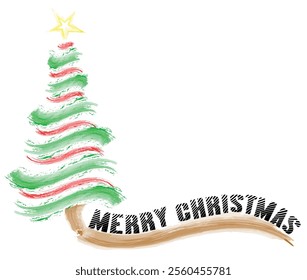 Christmas Tree Vector on white. Red Green Christmas Tree Painted illustration. Sketch, drawn or painted artistic illustration of a x mas tree. Ribbon Christmas Stylish Tree. Vector can be to any size.