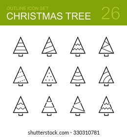 Christmas tree vector outline icon set - different new year tree on the white background