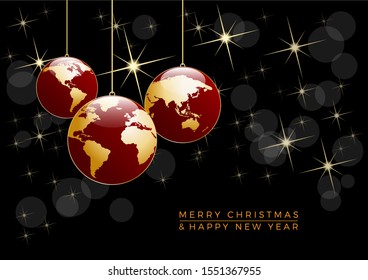 Christmas tree, vector postcard in black. Balls in the shape of planet earth, background